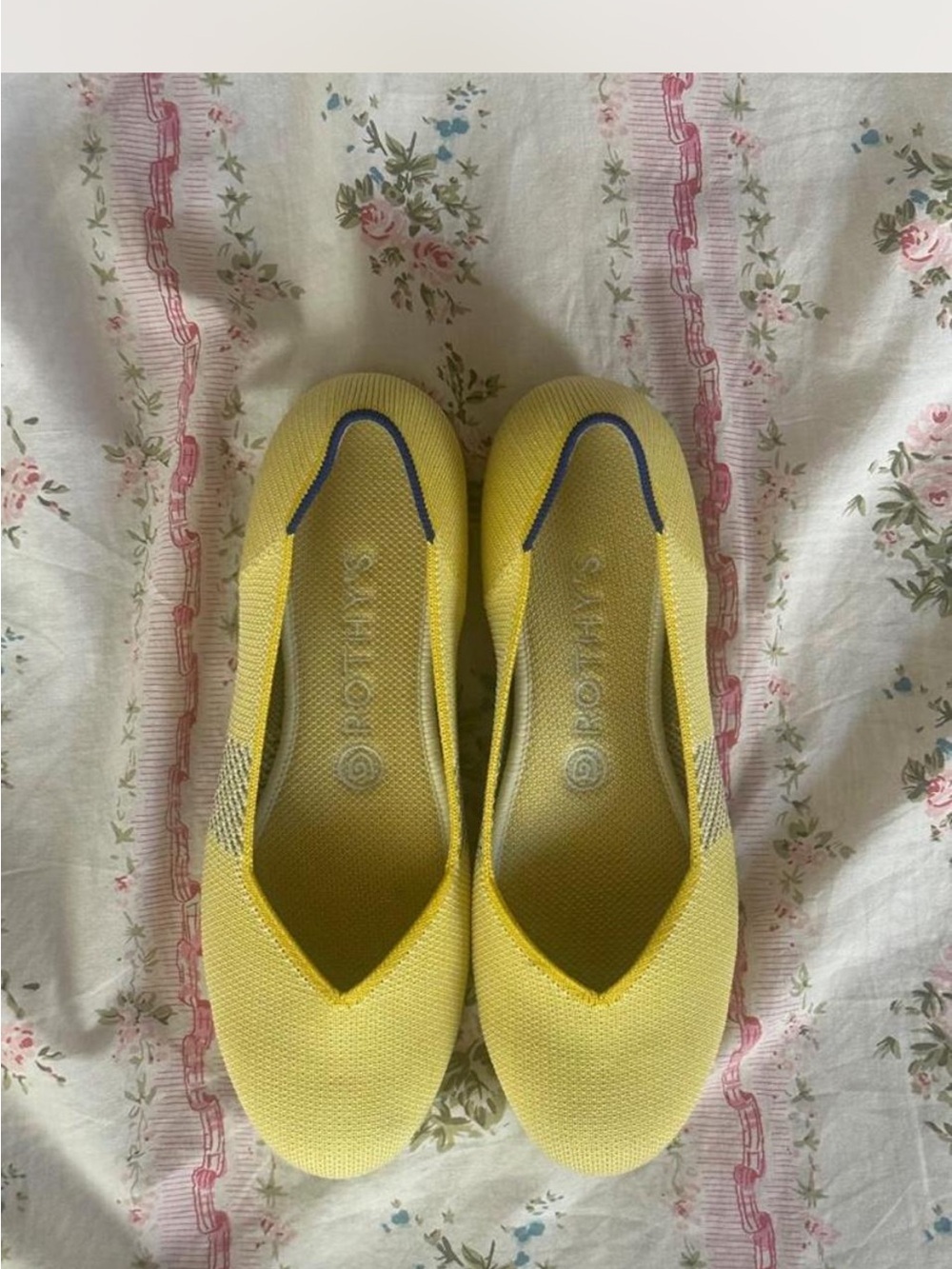 Rothy's “The Flat” Yellow Knit Ballet Flats with Navy Trim, Size 8.5
